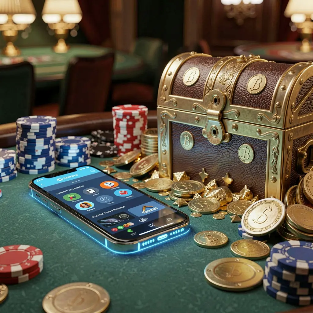 Glowing smartphone displaying 79BD Casino APK with Android-style app layout, surrounded by treasure chest, chips, and coins in a luxury 3D render