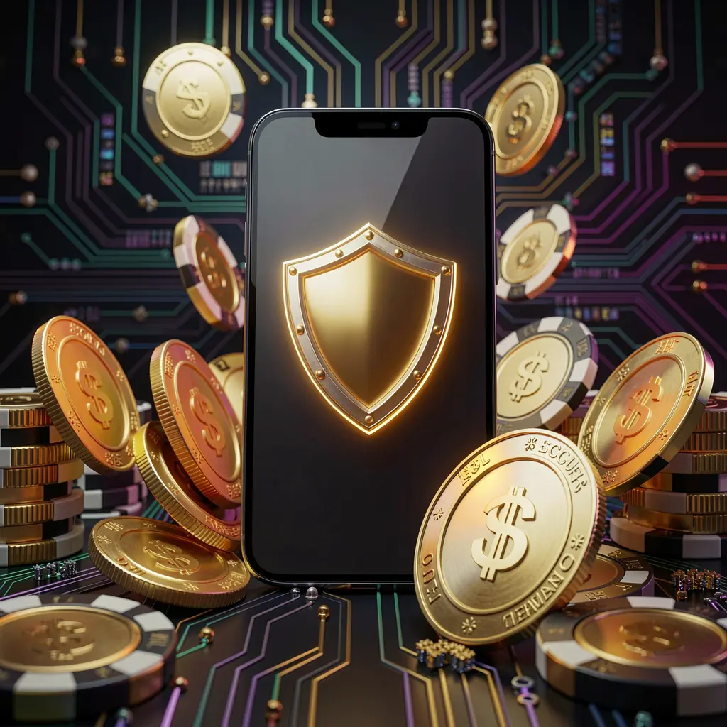 79BD secure mobile casino app concept showing a smartphone with a glowing shield icon surrounded by golden coins and chips against a dark luxury cyber background