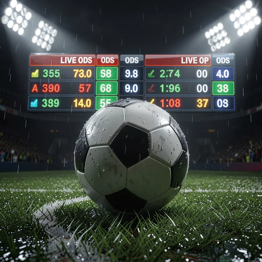 79BD football betting page banner featuring a soccer ball on wet grass under dramatic stadium lights with glowing live odds graphics in a premium dark sports atmosphere