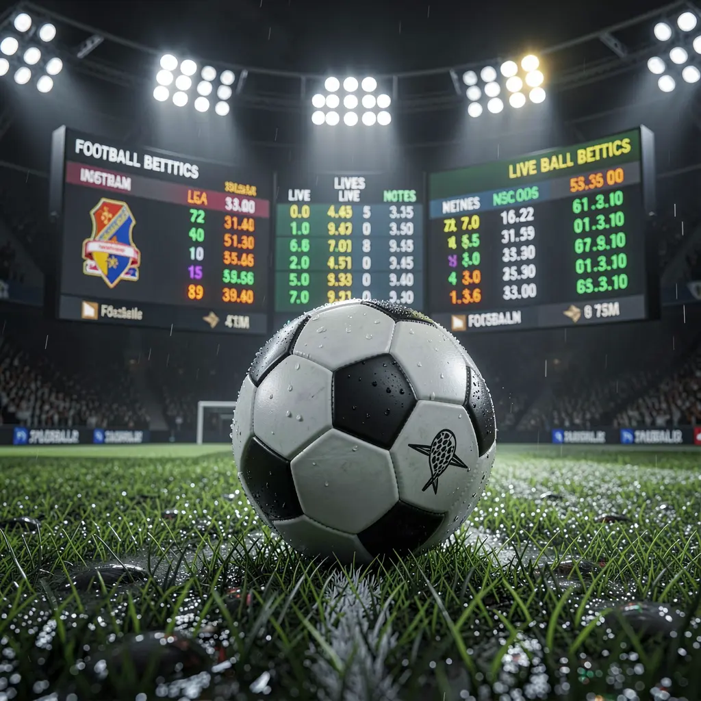 79BD football betting page banner featuring a soccer ball on wet grass under dramatic stadium lights with glowing live odds graphics in a premium dark sports atmosphere