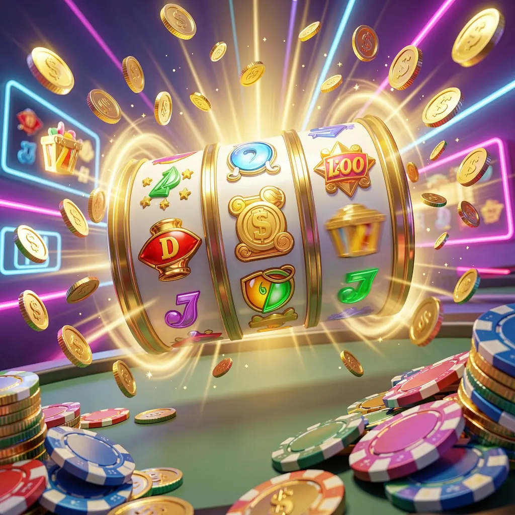 79BD online casino free spins bonus concept featuring colorful slot machine reels spinning with golden light effects, flying coins, jackpot symbols, and casino chips on a vibrant neon background