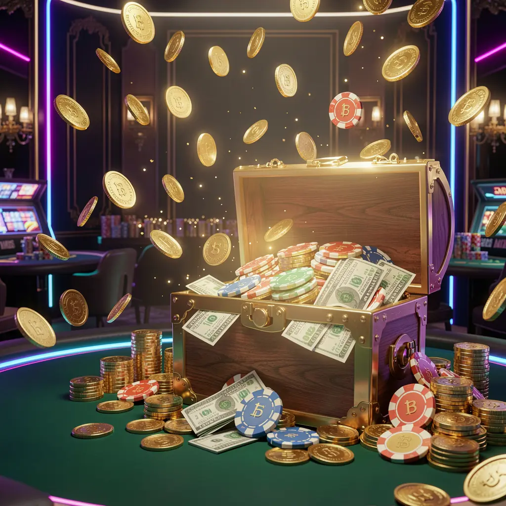 A premium online casino bonus hero banner featuring 79BD with golden coins flying in the air and a glowing treasure chest full of chips and cash against a luxury dark background with neon accents, creating a festive and elegant casino atmosphere in a high-detail, 3D realistic render.