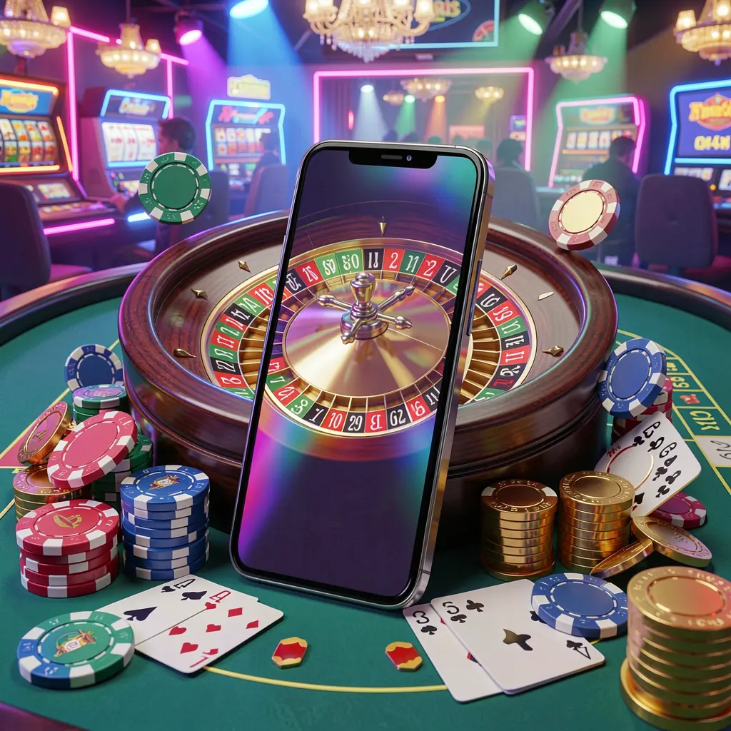 79BD mobile casino experience showing a smartphone surrounded by a roulette wheel, chips, cards, and coins in a bright neon casino atmosphere