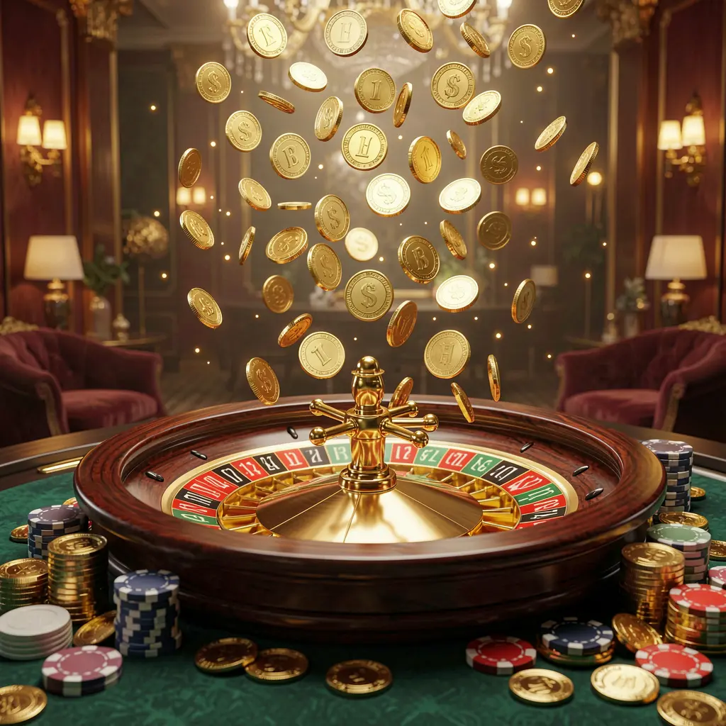79BD premium online casino banner featuring golden coins raining over a roulette wheel and poker chips with a glowing luxury background in a dynamic, realistic 3D render