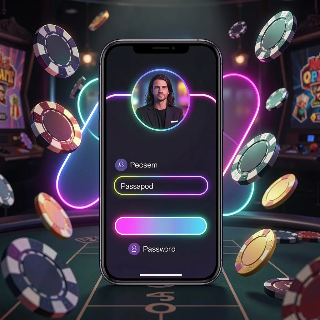 79BD mobile casino login screen with abstract UI shapes for user profile and password fields, neon glow effects, flying chips and coins in a dark premium casino atmosphere