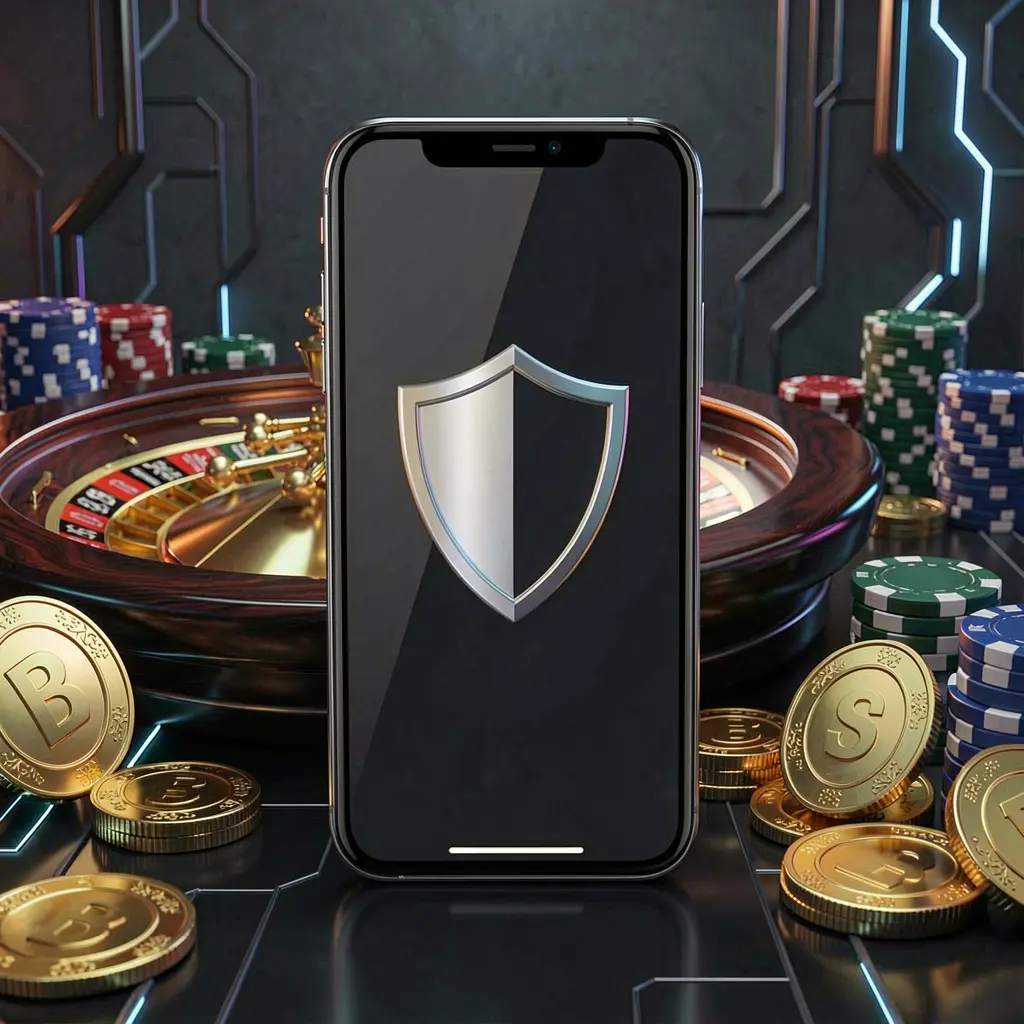 79BD secure mobile casino access showing a phone screen with a shield icon, roulette wheel, poker chips, and golden coins in a dark cyber luxury atmosphere