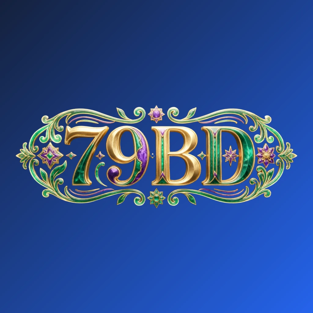 Luxury colorful 79BD logo with bold serif typography in rich emerald, violet, and gold palette featuring elegant glowing ornaments, designed as a premium brand identity wordmark on a transparent background
