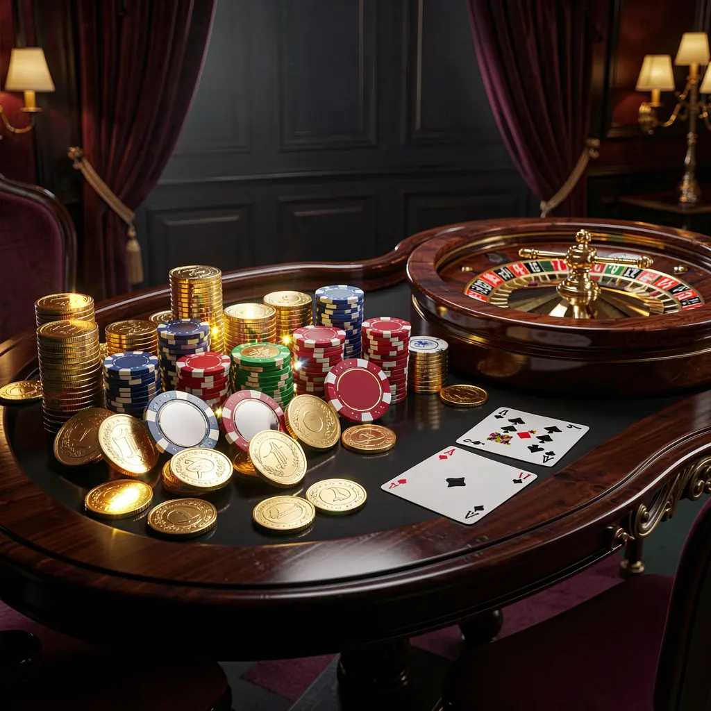 79BD premium online casino banner featuring golden coins, glowing chips, roulette wheel, and cards on a glossy table with an elegant dark background in a high detail realistic 3D render